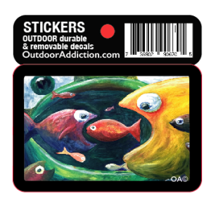 Fish eat Fish art 2.5 x 1.5 inches cell phone sticker Mark your cell phone or any other item with these great designs sized perfectly for items like computers especially cell phones but works on bigger items like your car too! Dimensions: 2.5" x 1.5 inch -Printed vinyl -Outdoor durable and ultra removable -Waterproof